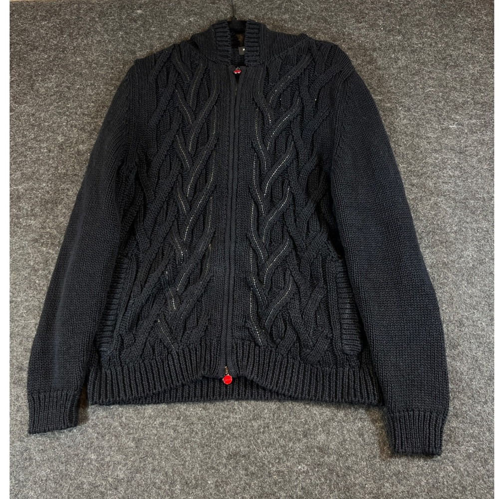 Kiton Napoli Hooded Sweater Mens Medium Black Cable Knit Cotton Linen Full Zip